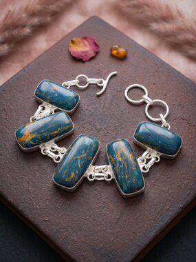Rainbow Calsilica Link Teal Bracelet 925 Sterling Silver Artisan Boho Toggle 7"L